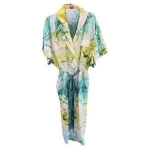 INC X Jeannie Mai Women Dress Green Marble Print Tie Waist Belt Collar XL Button